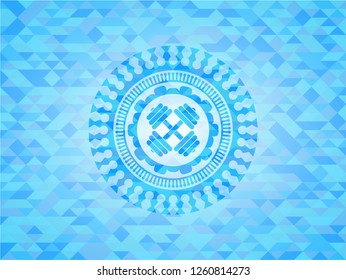 dumbbell icon inside light blue mosaic emblem