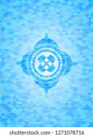 dumbbell icon inside light blue emblem with mosaic ecological style background