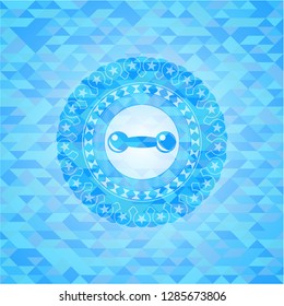 dumbbell icon inside light blue mosaic emblem