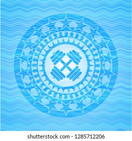 dumbbell icon inside light blue water badge background.