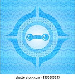 dumbbell icon inside light blue water wave style badge.