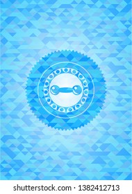 dumbbell icon inside light blue emblem. Mosaic background