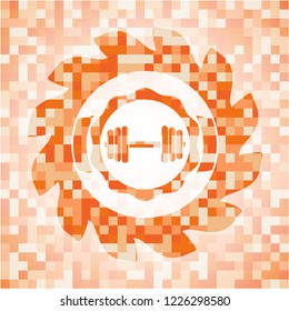 dumbbell icon inside orange mosaic emblem with background