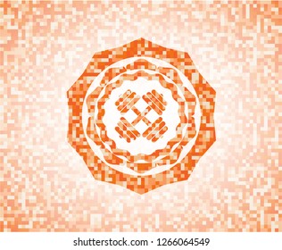 dumbbell icon inside orange mosaic emblem with background
