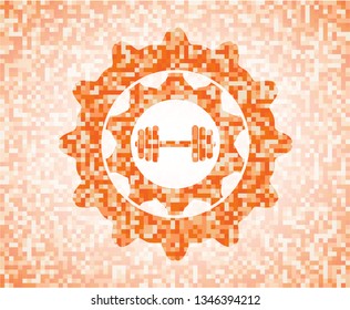 dumbbell icon inside orange mosaic emblem with background