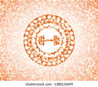 dumbbell icon inside orange mosaic emblem