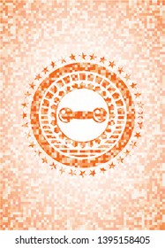 dumbbell icon inside orange mosaic emblem