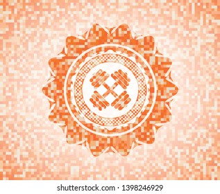 dumbbell icon inside orange mosaic emblem with background