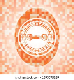 dumbbell icon inside orange mosaic emblem