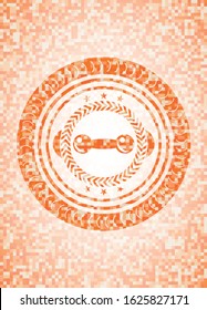 dumbbell icon inside orange mosaic emblem with background