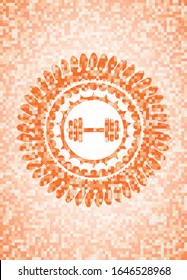 dumbbell icon inside orange mosaic emblem