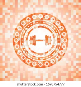 dumbbell icon inside orange mosaic emblem with background