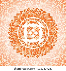 dumbbell icon inside orange tile background illustration. Square geometric mosaic seamless pattern with emblem inside.