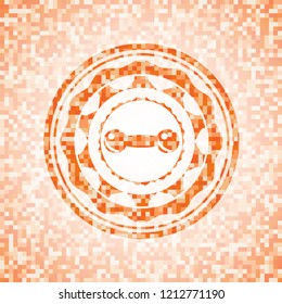 dumbbell icon inside orange tile background illustration. Square geometric mosaic seamless pattern with emblem inside.