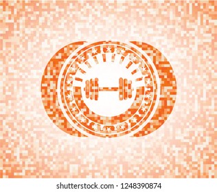 dumbbell icon inside orange tile background illustration. Square geometric mosaic seamless pattern with emblem inside.