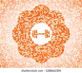 dumbbell icon inside orange tile background illustration. Square geometric mosaic seamless pattern with emblem inside.