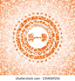 dumbbell icon inside orange tile background illustration. Square geometric mosaic seamless pattern with emblem inside.