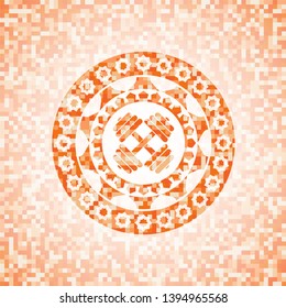 dumbbell icon inside orange tile background illustration. Square geometric mosaic seamless pattern with emblem inside.
