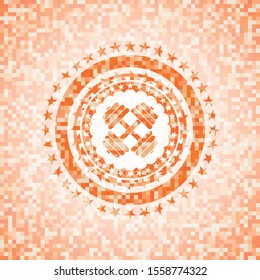 dumbbell icon inside orange tile background illustration. Square geometric mosaic seamless pattern with emblem inside.