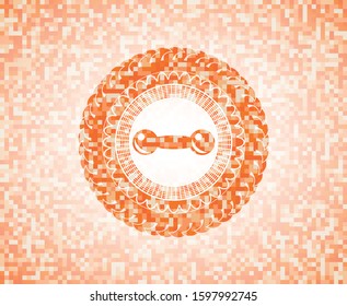 dumbbell icon inside orange tile background illustration. Square geometric mosaic seamless pattern with emblem inside.