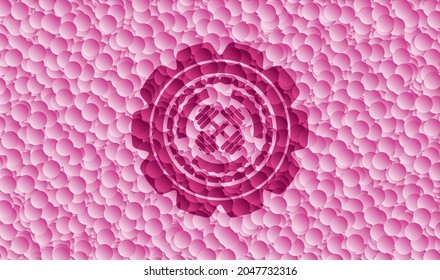 dumbbell icon inside pink badge with bubbles background. Vector Illustration. Detailed. 