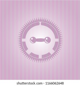 dumbbell icon inside pink emblem. Retro
