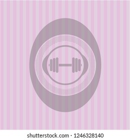 dumbbell icon inside pink emblem. Retro