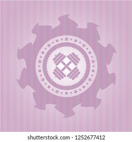 dumbbell icon inside pink emblem. Retro