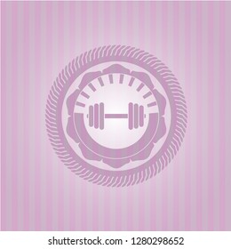 dumbbell icon inside pink emblem. Retro