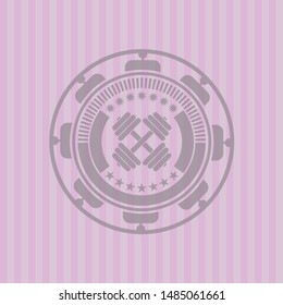 dumbbell icon inside pink emblem. Retro