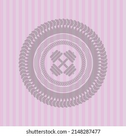 dumbbell icon inside pink emblem. Retro. Elegant design. 