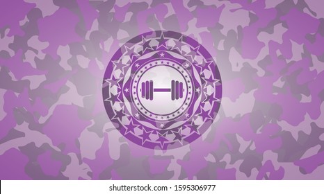 dumbbell icon inside pink and purple camo texture