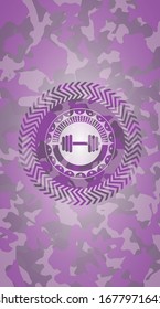 dumbbell icon inside pink and purple camouflage texture