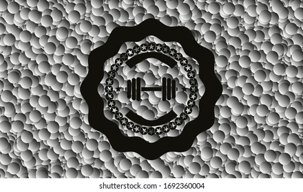 dumbbell icon inside realistic black emblem with grey bubbles background. Vector Illustration. Detailed.