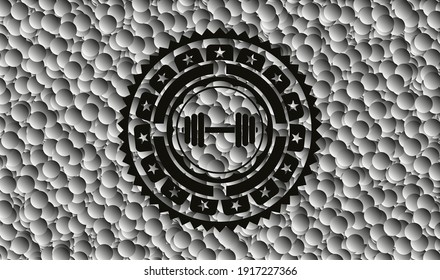 Hantel Symbol in realistischem schwarzem Emblem mit grauem Hintergrund. Vektorgrafik. Detaillierte Angaben. 