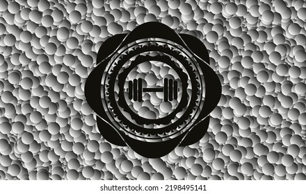 dumbbell icon inside realistic dark emblem with grey bubbles background. Vector Illustration. Detailed. 