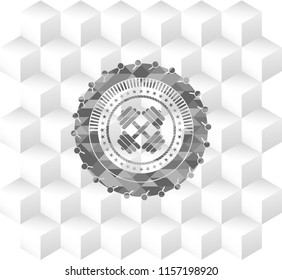 dumbbell icon inside realistic grey emblem with geometric cube white background