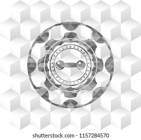 dumbbell icon inside realistic grey emblem with geometric cube white background