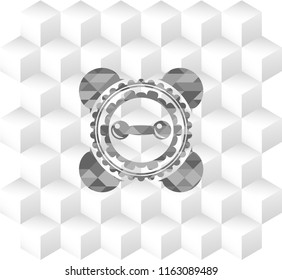 dumbbell icon inside realistic grey emblem with geometric cube white background