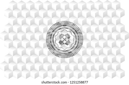 dumbbell icon inside realistic grey emblem with geometric cube white background