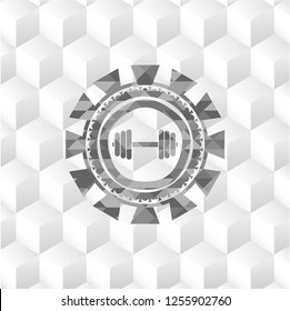 dumbbell icon inside realistic grey emblem with cube white background