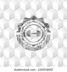 dumbbell icon inside realistic grey emblem with geometric cube white background
