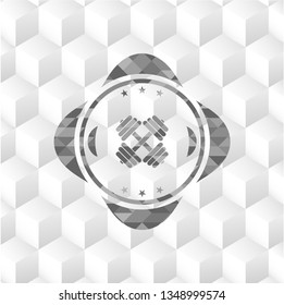 dumbbell icon inside realistic grey emblem with geometric cube white background