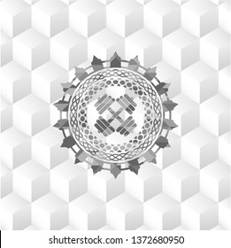 dumbbell icon inside realistic grey emblem with cube white background