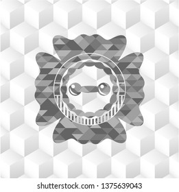dumbbell icon inside realistic grey emblem with geometric cube white background