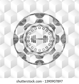 dumbbell icon inside realistic grey emblem with geometric cube white background