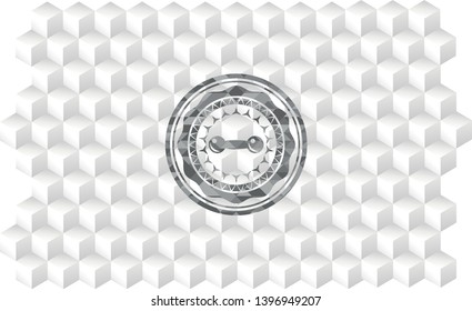 dumbbell icon inside realistic grey emblem with geometric cube white background