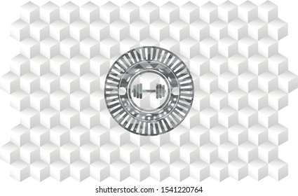dumbbell icon inside realistic grey emblem with geometric cube white background