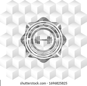 dumbbell icon inside realistic grey emblem with geometric cube white background