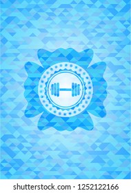 dumbbell icon inside realistic light blue mosaic emblem
